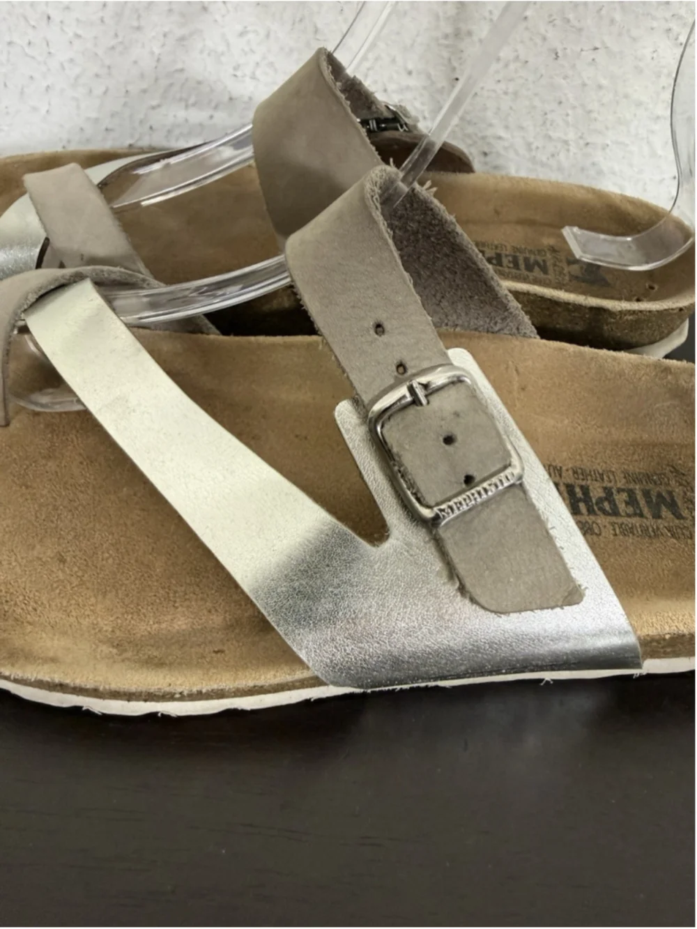 Mephisto Nalia Sandal Womens 38EU/8US Slip On Slide Silver & Tan Leather Boho